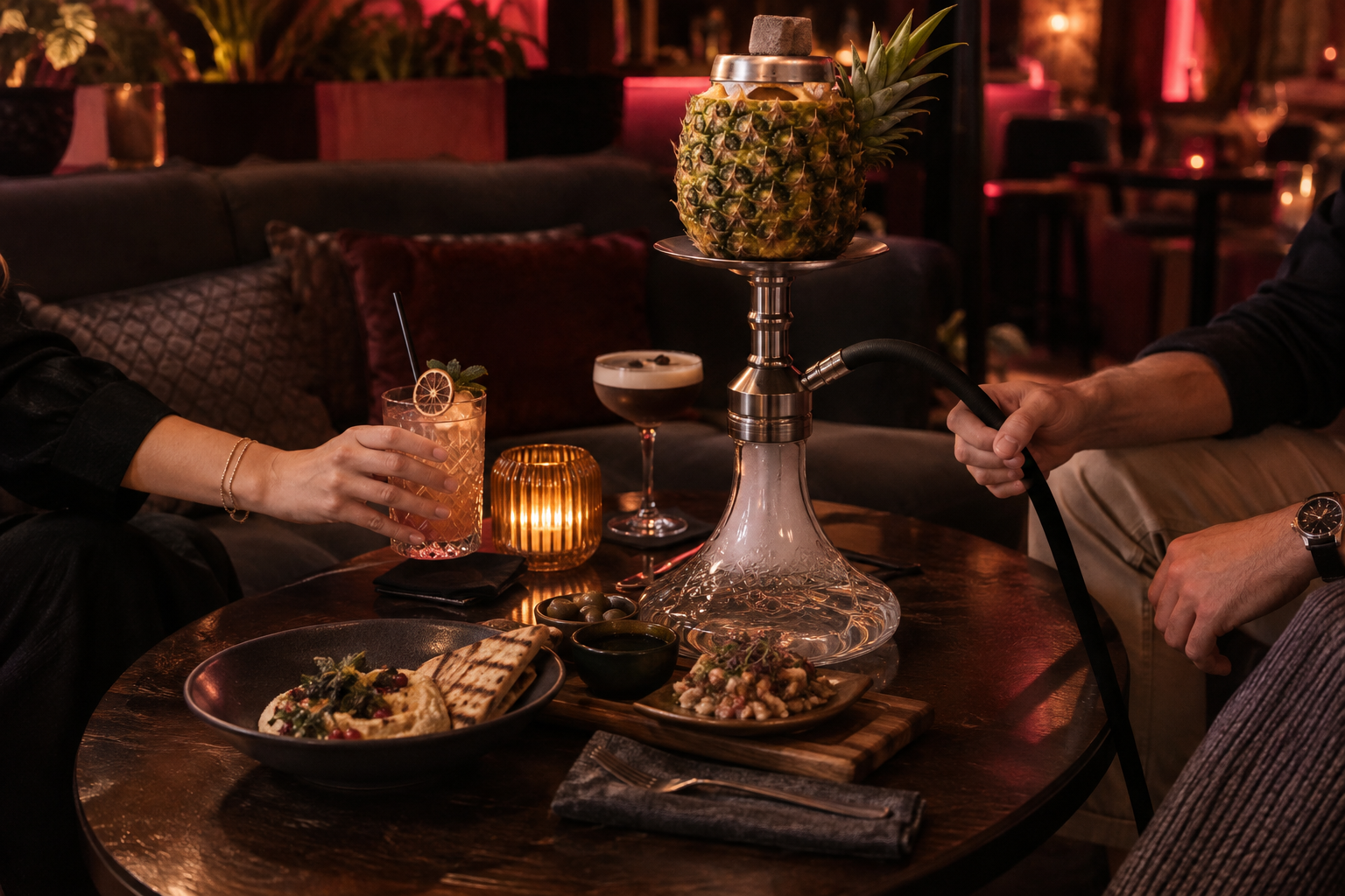Pineapple-head shisha, cocktails and share plates in a warm lounge setting