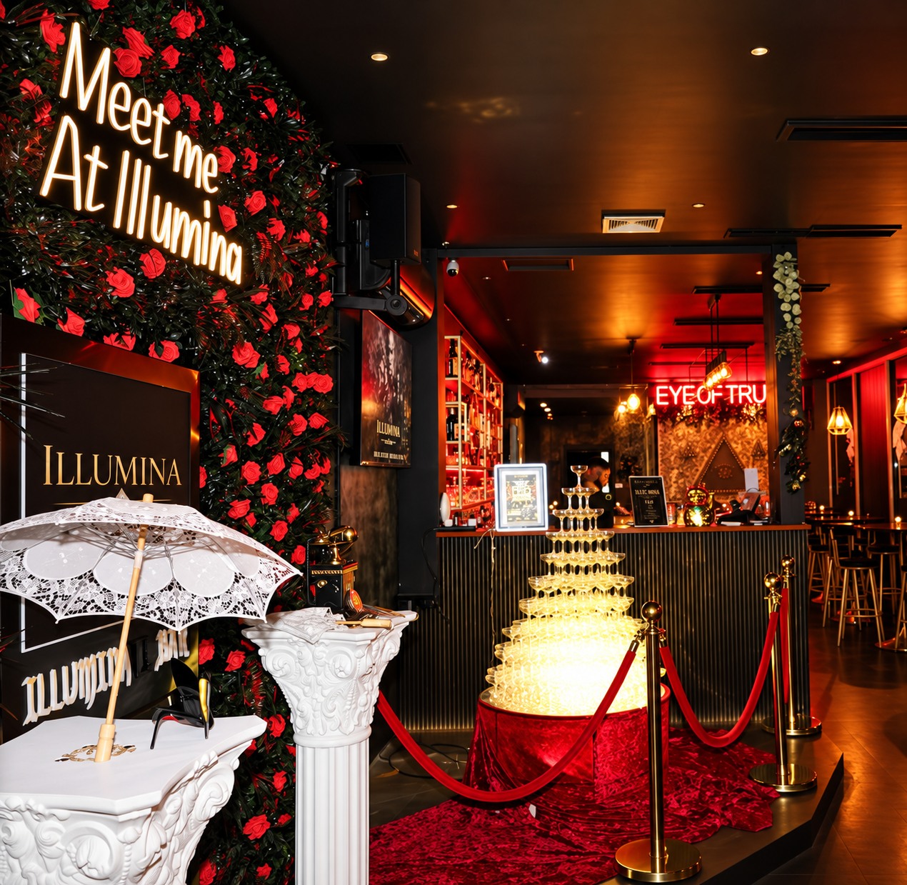 Illumina's rose wall, cocktail tower and black-and-gold interior in Prahran