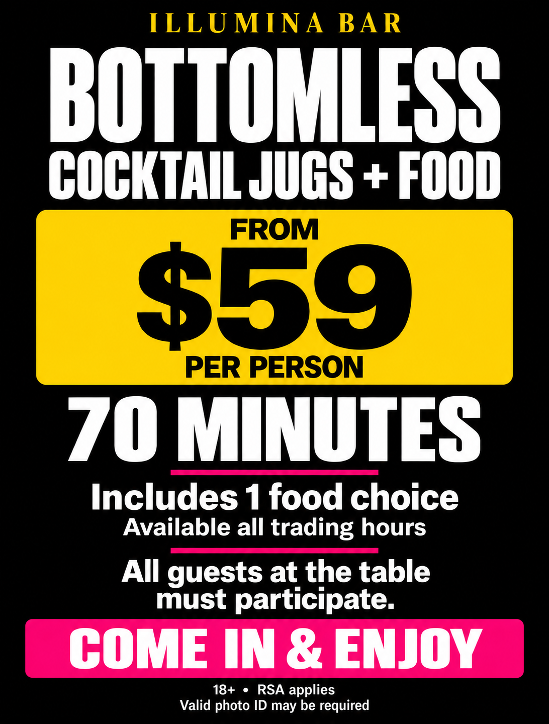 Make It Bottomless cocktail jugs and food poster, from $59 per person for 70 minutes