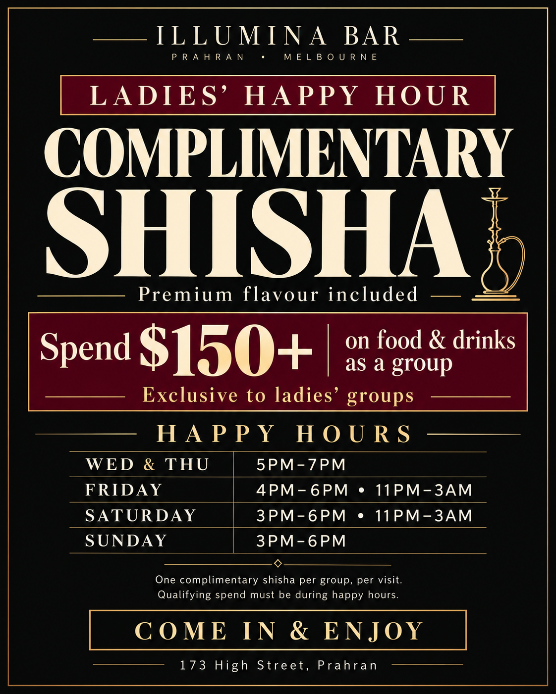 Ladies' Happy Hour complimentary premium shisha poster with qualifying spend and times