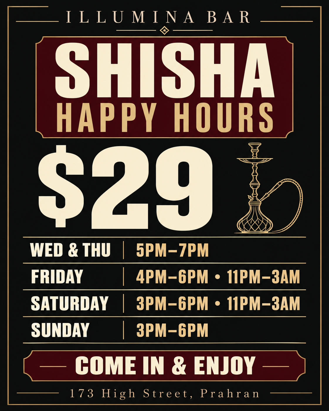$29 Shisha Happy Hours poster with Wednesday to Sunday service times
