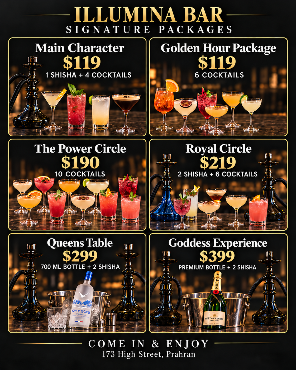 Illumina Bar Signature Packages poster with six cocktail, shisha and bottle packages